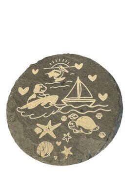 Round Slate Rock Coaster with Engraved Coastal Ocean Theme,